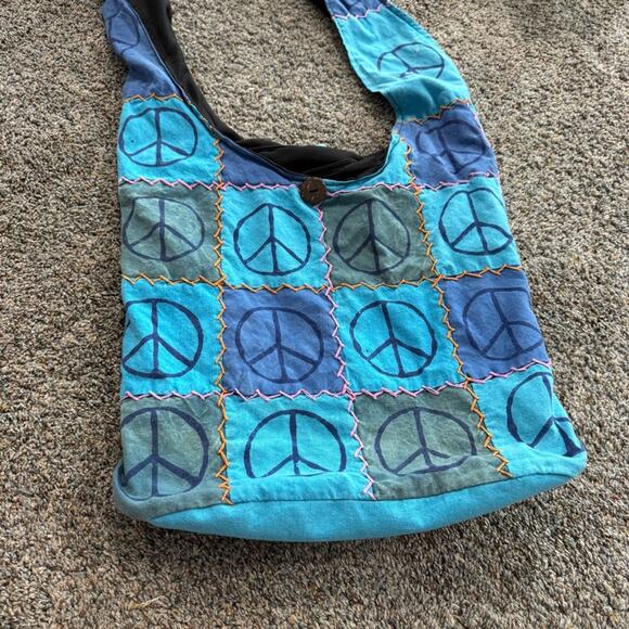 Handmade Hippie Nepal Boho Crossbody Shoulder Bag Purse Blue Peace Signs Zipper - Picture 4 of 12